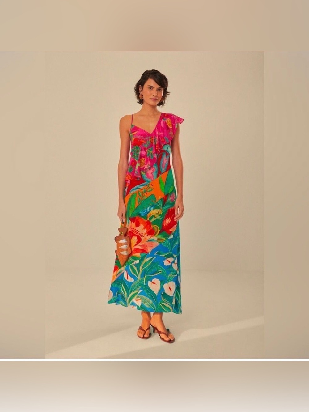Farm Rio Mixed Flowery Ruffle One Shoulder Midi Dress small $328